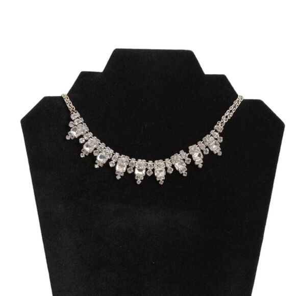 Silver Toned Metal Clear Crystal Rhinestones Double Strand Statement Necklace - Picture 1 of 11